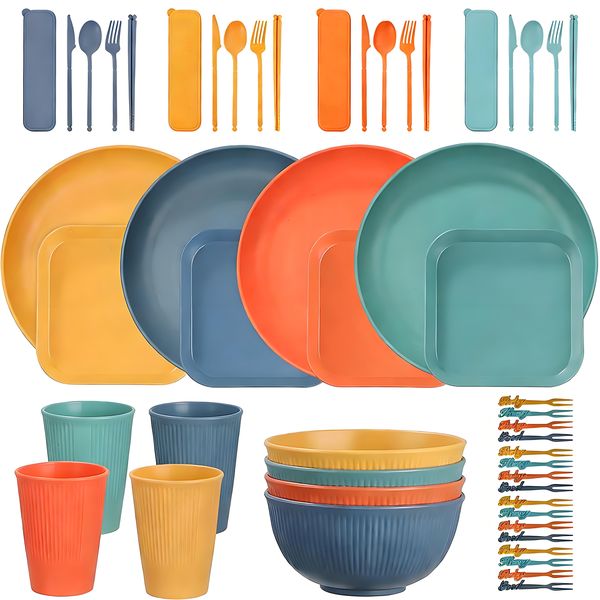 52 Pieces Dinnerware Set Camping Plates Picnic Cereal Bowls for 4 People