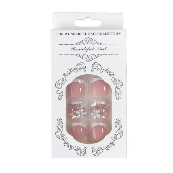Press On Toenails French Tip Floral Chain Design White
