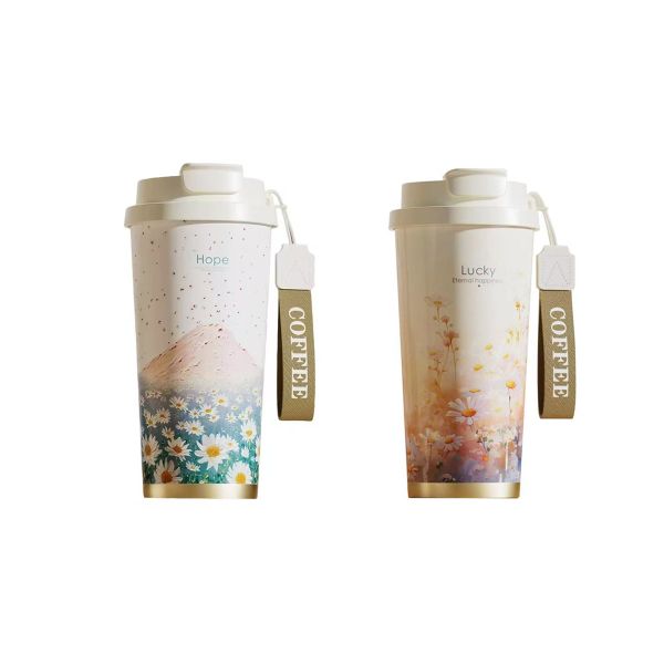 Lucky/Hope Double Wall Stainless Steel Ceramics Coffee Mug 520ML 2SET