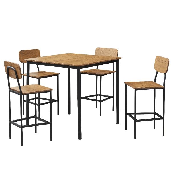 5 Piece Dining Table Set, Bar Height Table and Chairs - Brown