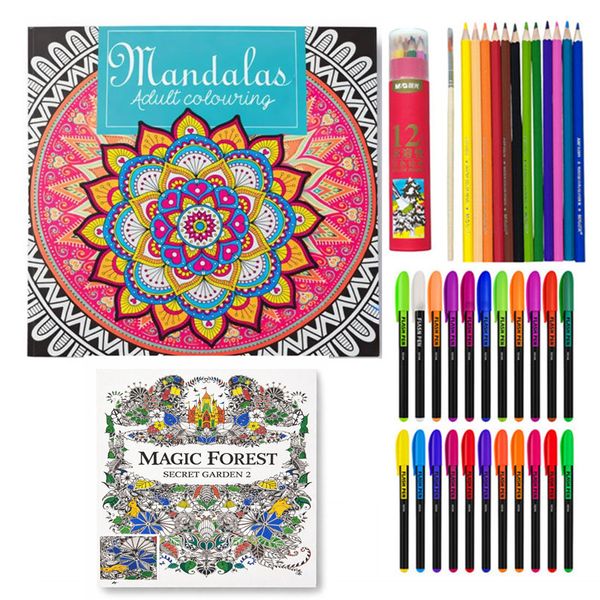 Mandala Meditation Coloring Book with 24 Neon Color Pens 12 Color Pencils