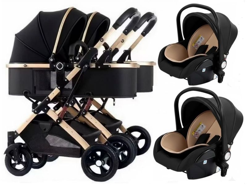 Detachable Baby Twin Stroller with Big Sunshade and Car Seats - Black