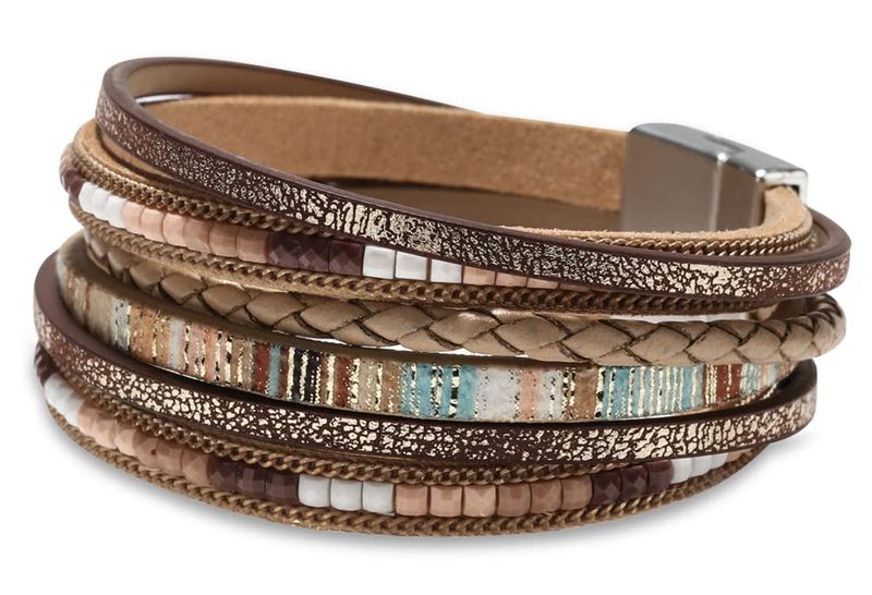 Leather Wrap Bracelet for Women - Boho Leopard Crystal Beads Cuff