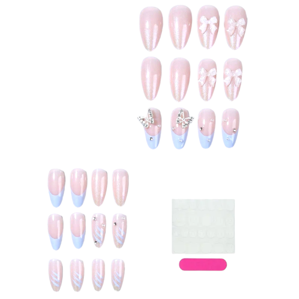 24Piece Pink Butterfly &amp; Bow Decor Press-On Nails Set - Blue