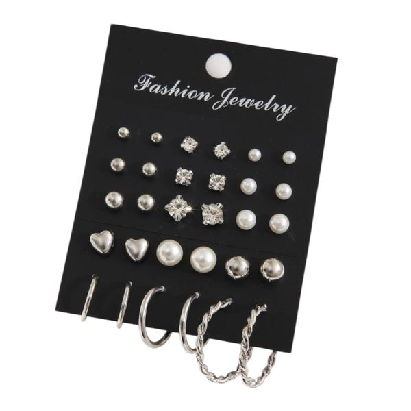 Women's Multi-Style Earring Set - Plain, Pearl, Heart, Hoop and Rhinestone Earrings