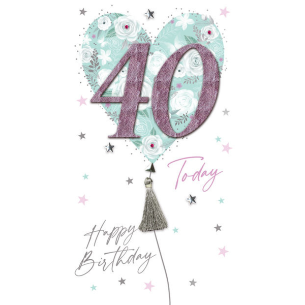 Greeting Card - 40th - Pastel floral heart with Tassel