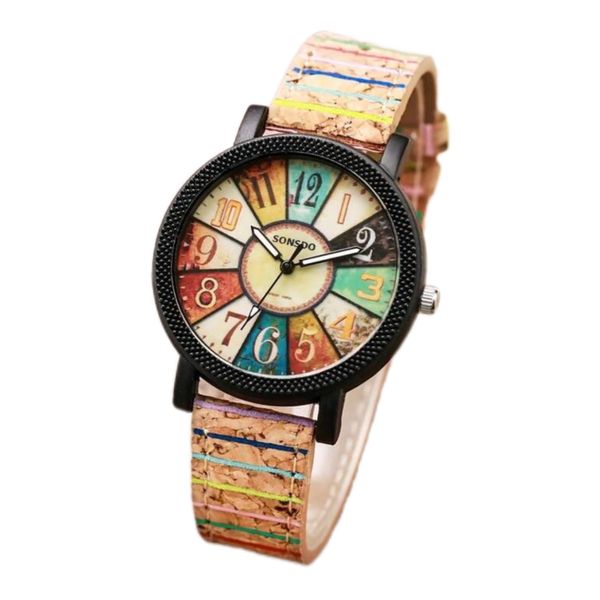 Vintage Style Wood Design Watch - Striped Pattern Strap &amp; Rotating Dial
