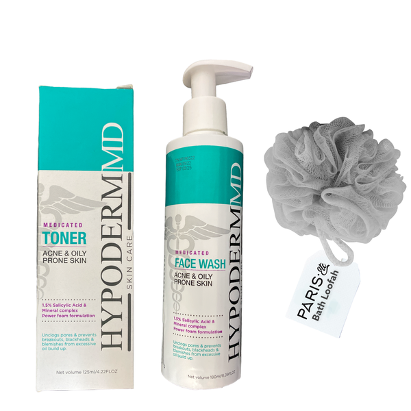 Hypoderm MD Acne Toner 125ml &amp; Face Wash 180ml with Parisetc Bath Loofah