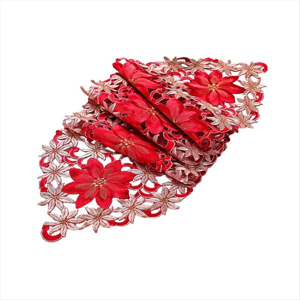 Christmas Table Runner, Poinsettia Holly Leaf Embroidered Table Linens for