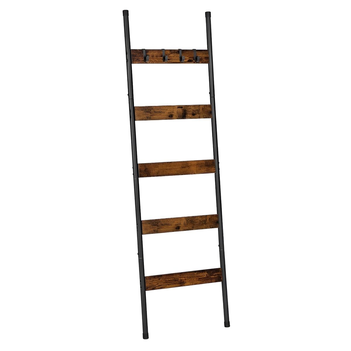 160x44 cm Iron Towel Ladder Rack with 5 Shelves & Hooks - Brown