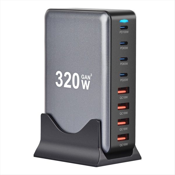 320W Gan Desktop Charger 8-Port Usb Type C Pd Charger Eu Plug