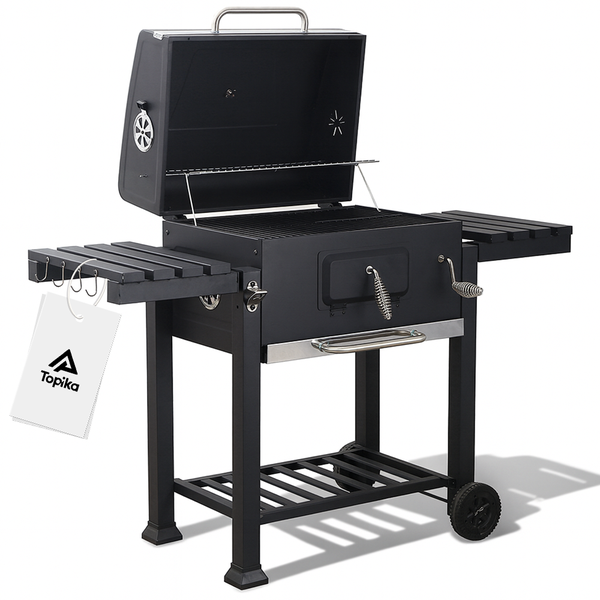Topika Outdoor Charcoal Braai Grill &amp; Dual Side Tables, Hooks, Thermometer