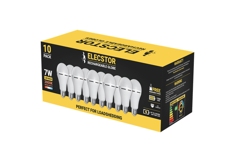 Elecstor 7W E27 Rechargeable Globe 1200mah - A60 Warm White 10 Pk Screw In