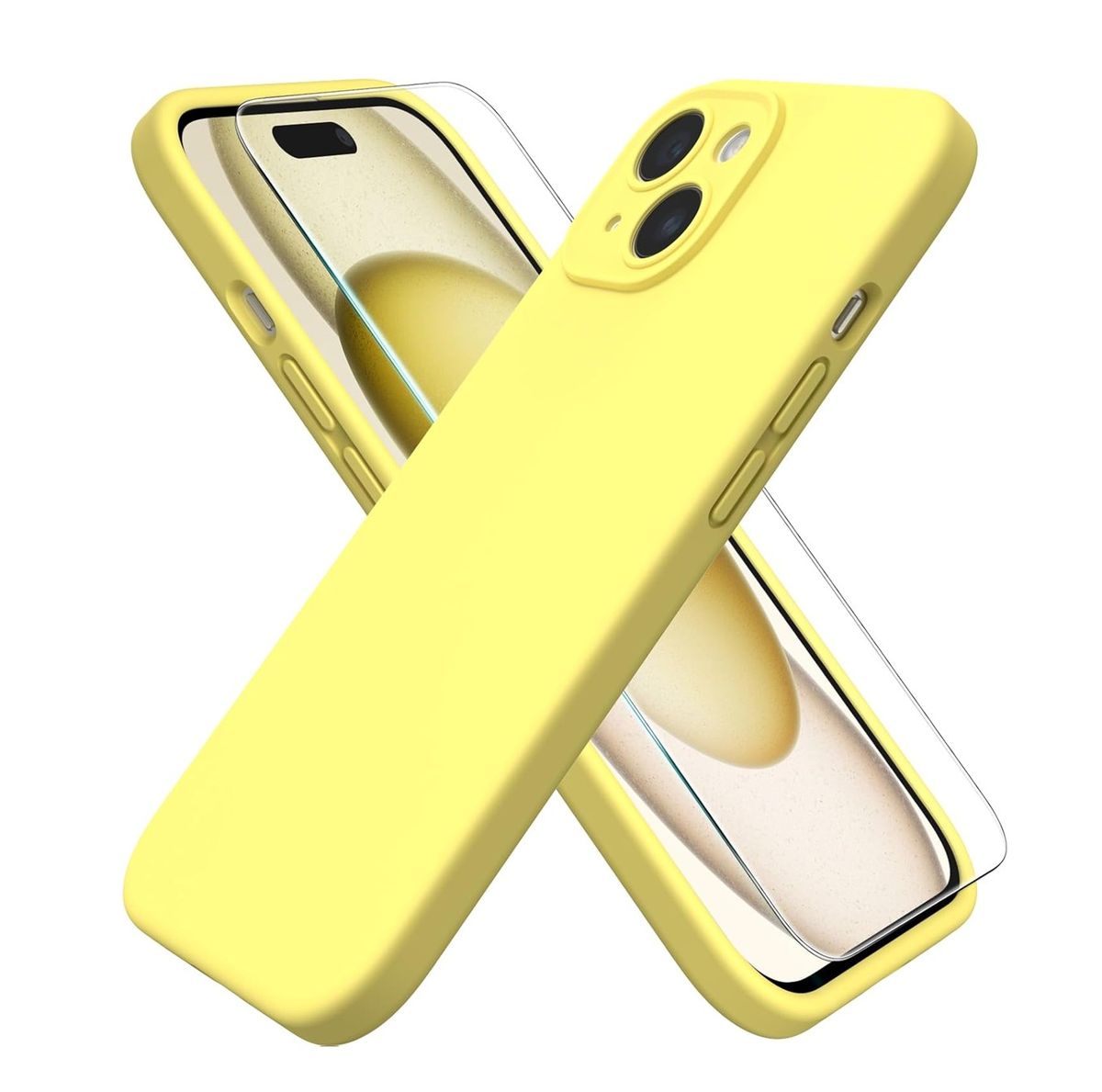 Silicone Case & Screen Protector Compatible With iPhone 15-Yellow