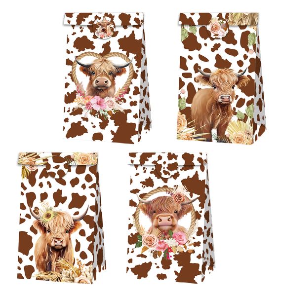 Party Favor Bags with Stickers- Highland Cow Theme - 12 Bags
