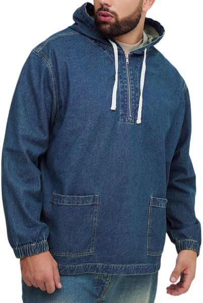 boohooMAN - Men's Plus Extended Drawcord Denim Hoodie - Mid Wash