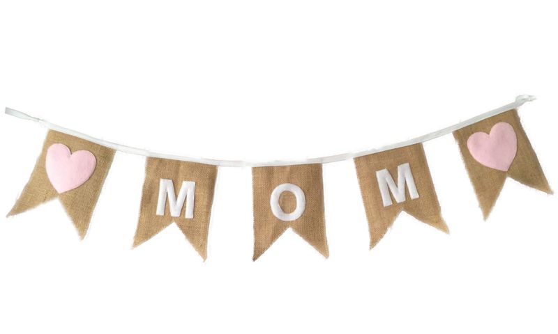 Hessian/Burlap Bunting with Pink Felt Hearts and "Mom" Stitched On