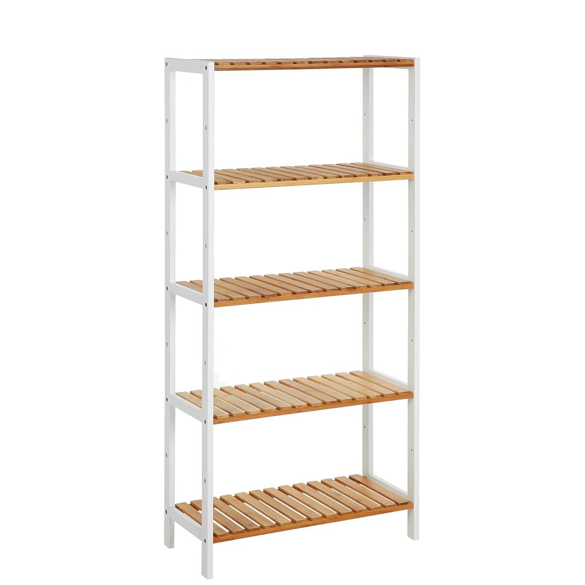 5-Tier Bamboo Storage Shelf with White Frame, Wood Rack Unit