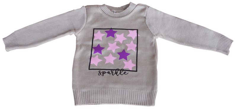 Children's Beige Knitted Sweater with Purple Pink Stars Design - Sparkle