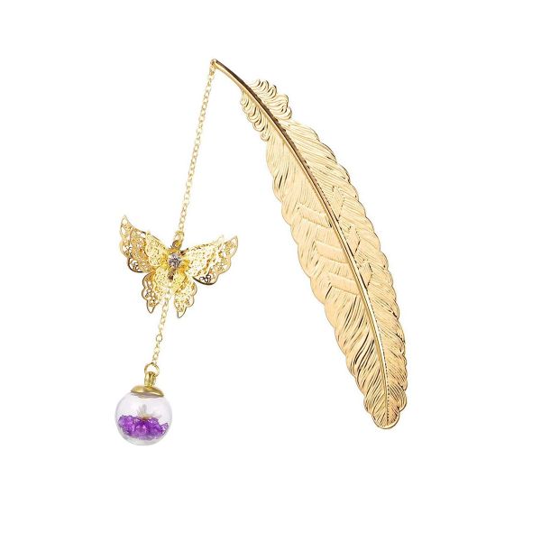 Metal Feather Bookmark with Butterfly Charm Elegant Book Marker for Readers
