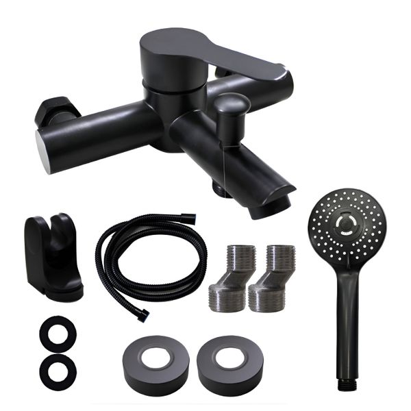 Wall Mount Bathroom Faucet Set with Shower Head and Hose - Matte Black