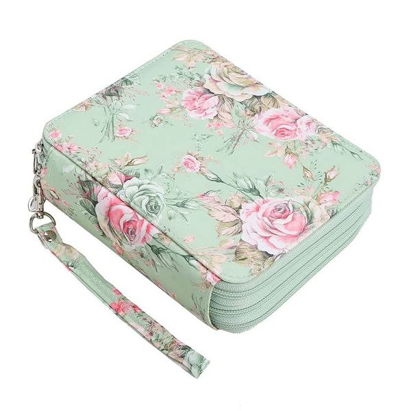 72 Slots Pencil Holder with Zipper Closure for Markers, (Green Rose)