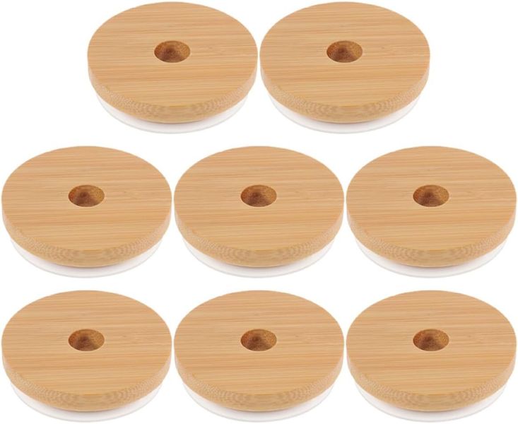 Wood Mason Jar Lids Straw Hole Silicone Gasket Drinking Food