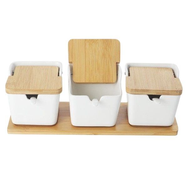 3-Piece Ceramic Spice Jar Set with Bamboo Lids, Spoons &amp; Tray - Black
