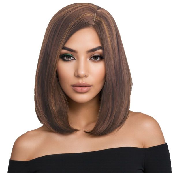 Short Straight Bob Wig with Side Bangs - Brown
