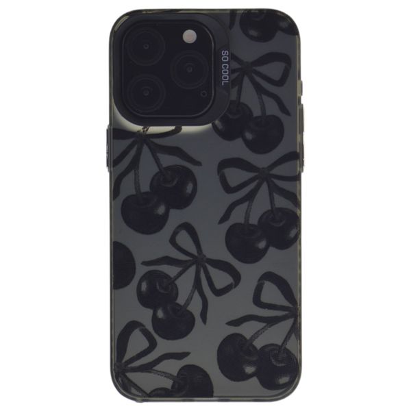 Reflective Glossy Protective Case With Cherry And Ribbon Design - Black