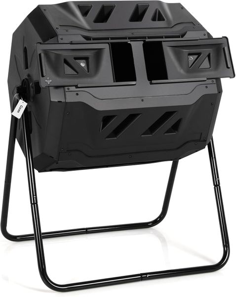 Coxn - Outdoor 43-Gallon Dual-Chamber Tumbling Compost Bin for Garden, Yard