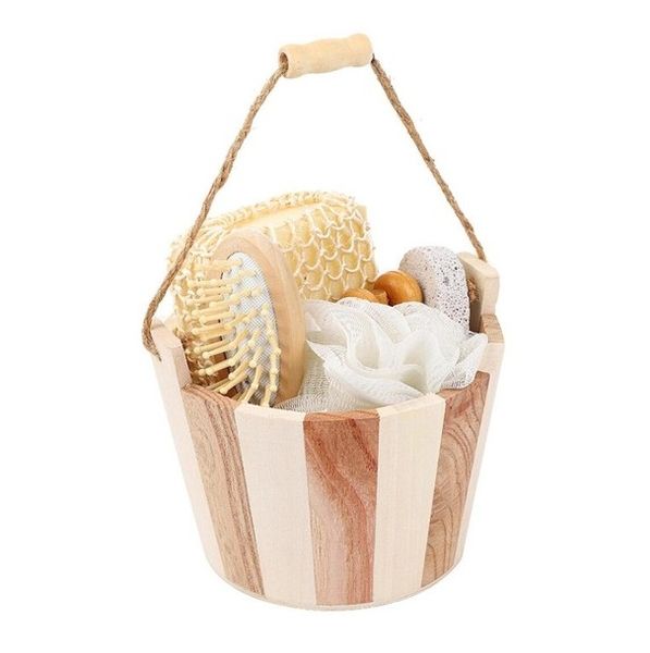 Exfoliating body tools in wooden bucket