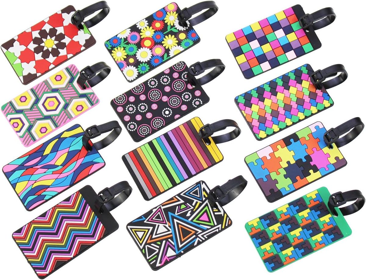 12 colorful luggage labels, suitcase labels and business ID card clips