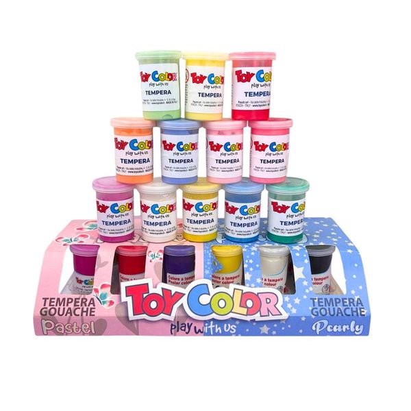 Toy Color - Ready Mix Poster Paint Pots - Pearly &amp; Pastel - 12 Superwashable Colours, 25ml