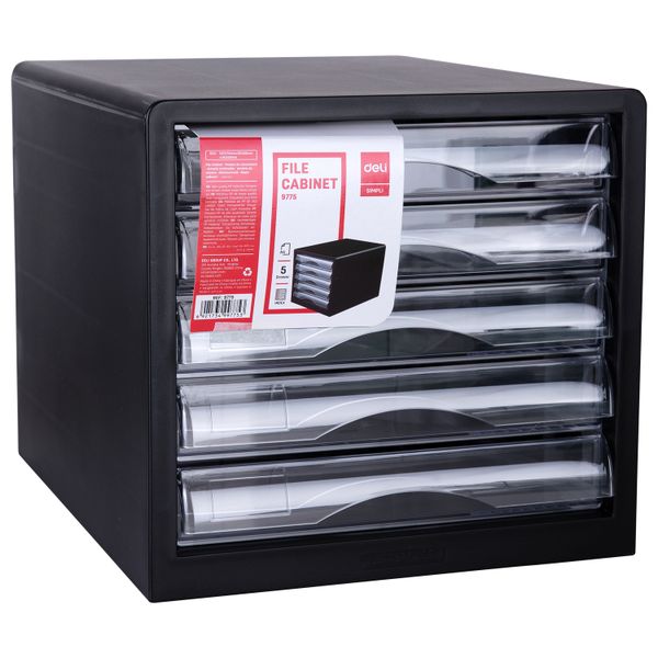 Deli Desktop File Cabinet Transparent Drawers Plastic Frame Black Organiser
