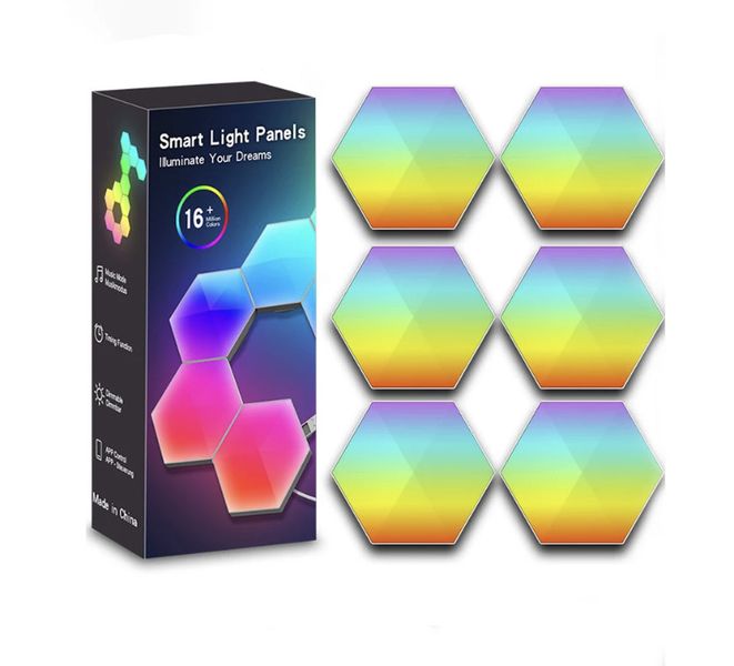6 Pc Smart RGB Hexagon Gaming Lights Controlled by Mobile App &amp; Remote