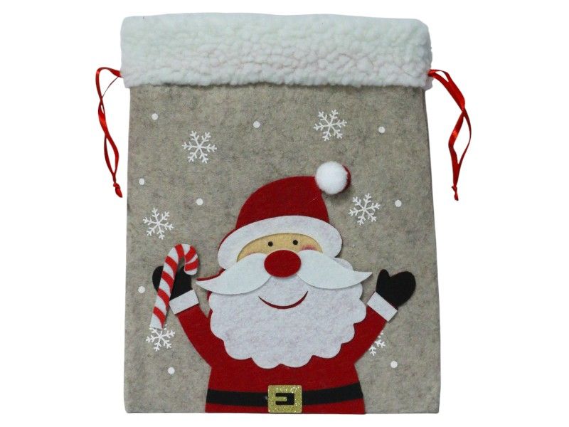 Beige Felt Xmas Gift Bag with Santa - 205x20x260mm with Fur Trim