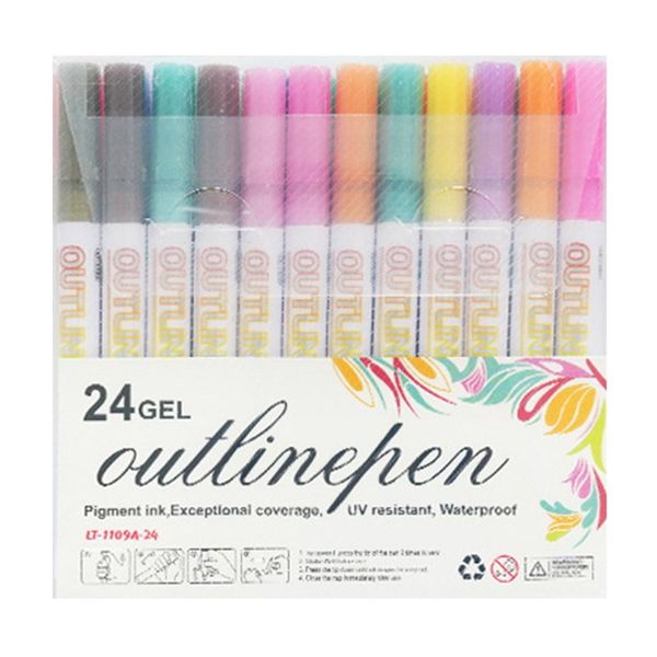 24 pcs Double Line Outline Pens Set, Fluorescent Glitter Markers