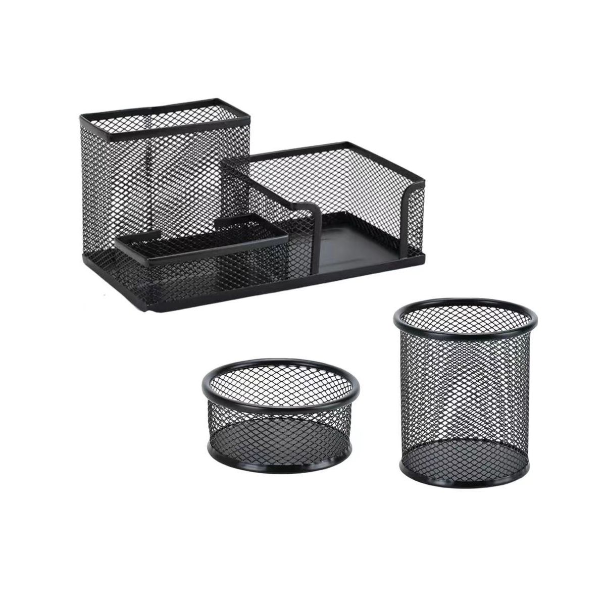 Deli Mesh Desk Organizer Office Supplies with Pencil Holder and Storage  Baskets, 3 Compartments, Black