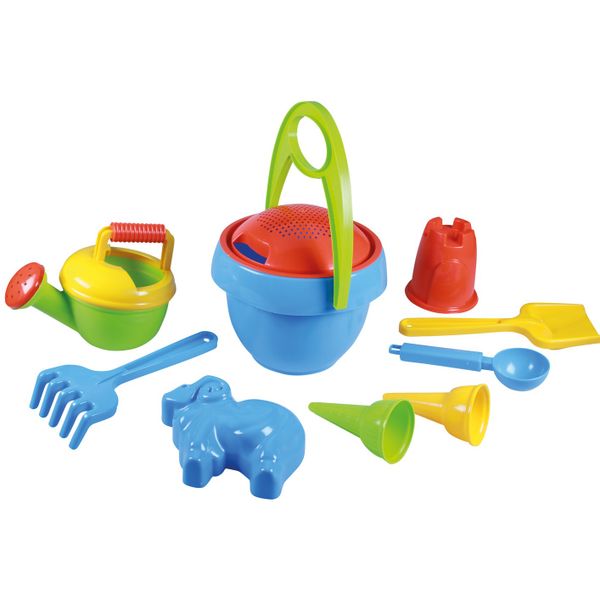 LENA Sandpit Toys Set including Bucket, Sieve, Rake, Moulds Etc - 10 Pieces