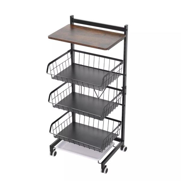 4 Tier Storage Fruit &amp; Vegetable Basket with 4 Wheels &amp; Wood Board - Black