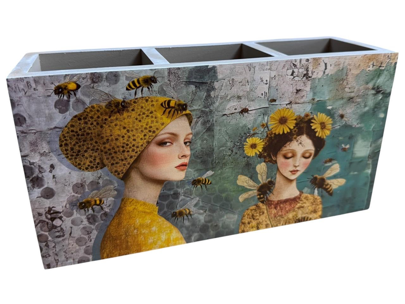 Cutlery/Stationary Holder - 2 Ladies Dressed in Yellow with Flowers &amp; Bees