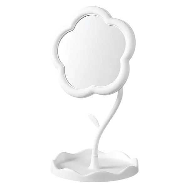 Minimalist Flower Shaped Mirror With Stem &amp; Leaf Stand - White