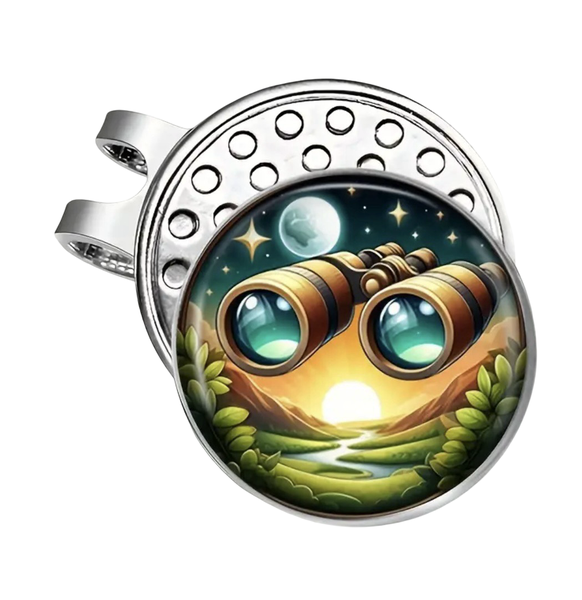 Golf Hat Clip with Removable Ball Marker - Binoculars and Sunset