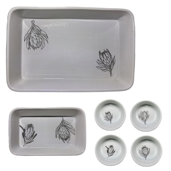 Suikerbossie - 6 Piece White Dish Set with Handrawn Proteas