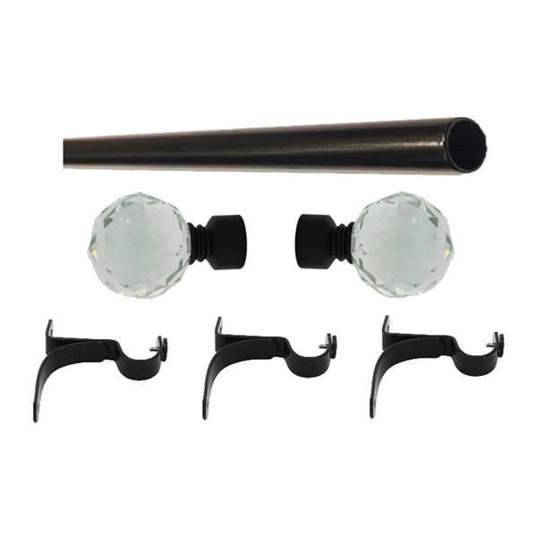 Matoc 25mm Curtain Single Pole Set - Crystal Ball Finials - Black