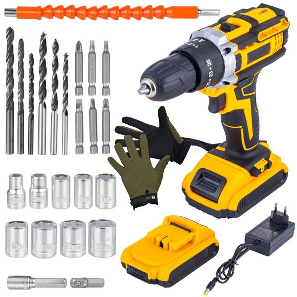 26 Pc Wireless Impact Drill Set With 2 Lithium Battery Packs, Case &amp; Gloves