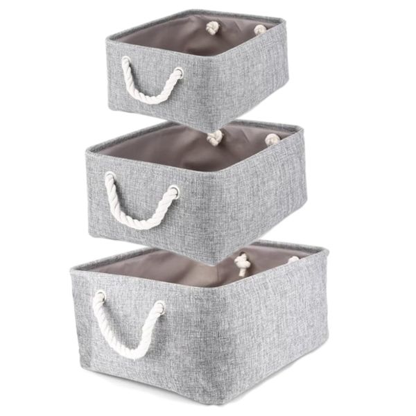 Premium Fabric Storage Basket with Cotton Rope Handles - Grey (Set of 3)