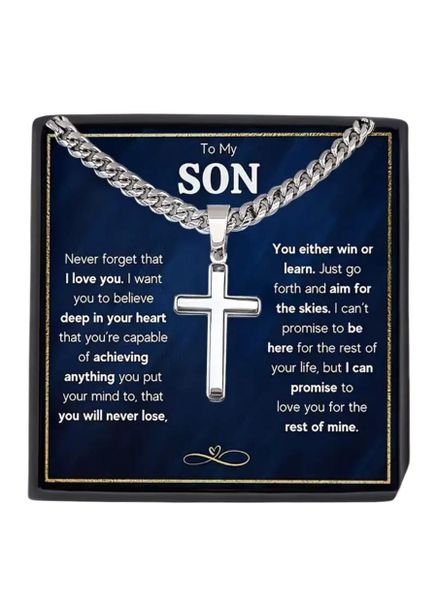 Cuban Link Chain with Cross Pendant Necklace - Gift for Son