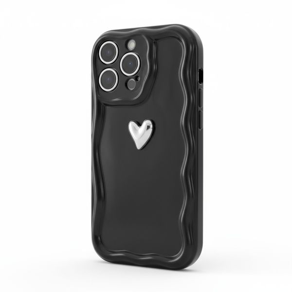 Glossy Black Wavy Edge Case with Silver Heart Accent Compatible with iPhone